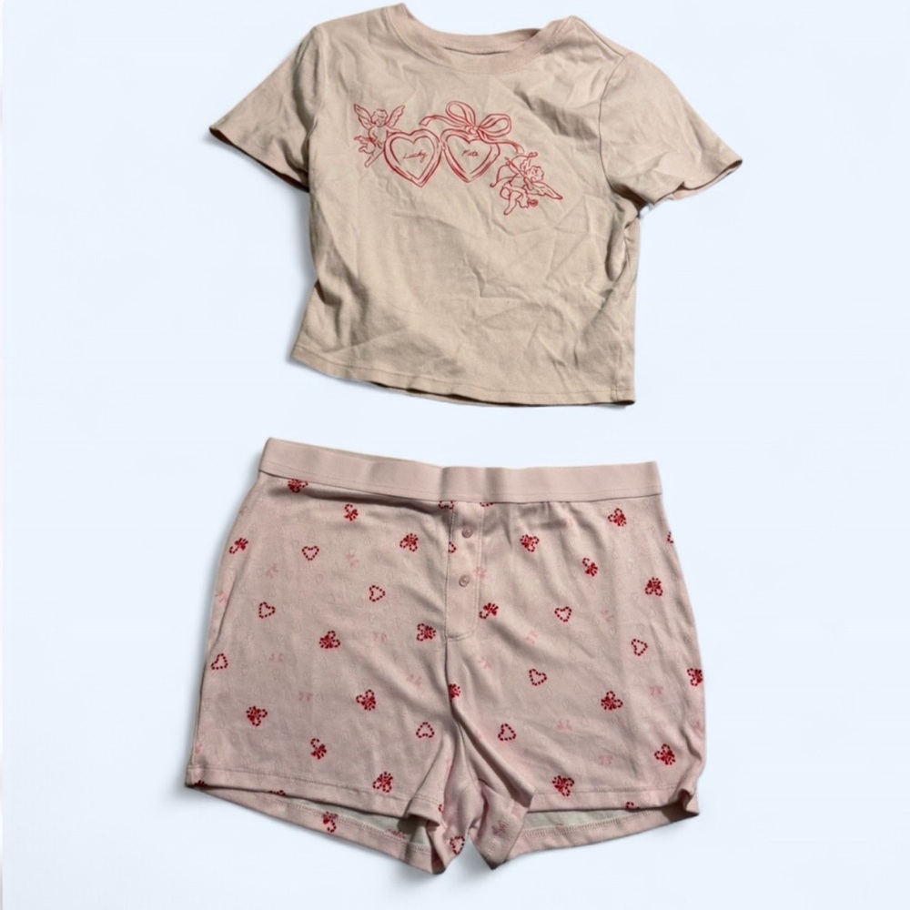 No Boundaries Pink Cream Heart Print Pajama Set - Picture 1 of 7